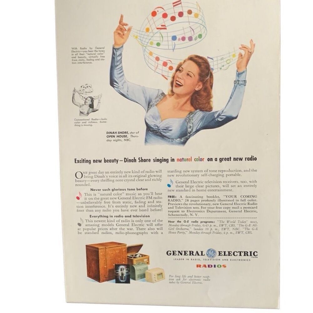 Vintage 1945 General Electric Radio Dinah Shore Ad Advertisement